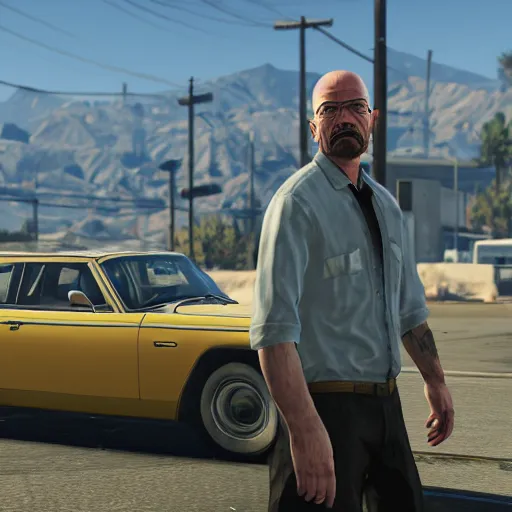 Image similar to walter white in gta v, 4 k, high detail, high - resolution photograph, professional photography, ultra - detail