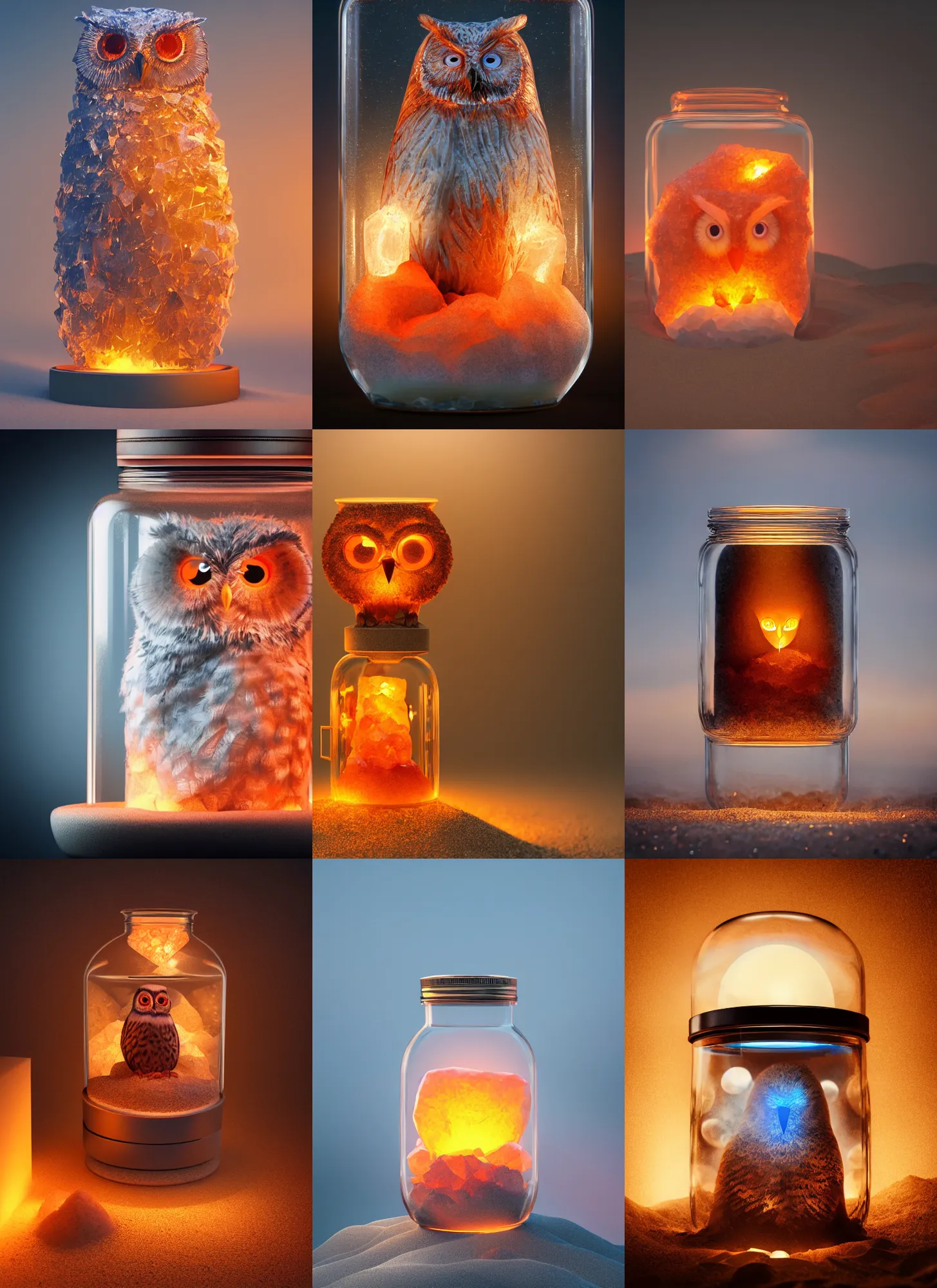 Prompt: a himalayan rocksalt lamp owl, inside a glass jar, buried in sand, intricate detail, volumetric lighting, epic composition, hyper detailed, ultra realistic, sharp focus, octane render, ray tracing, sense of awe