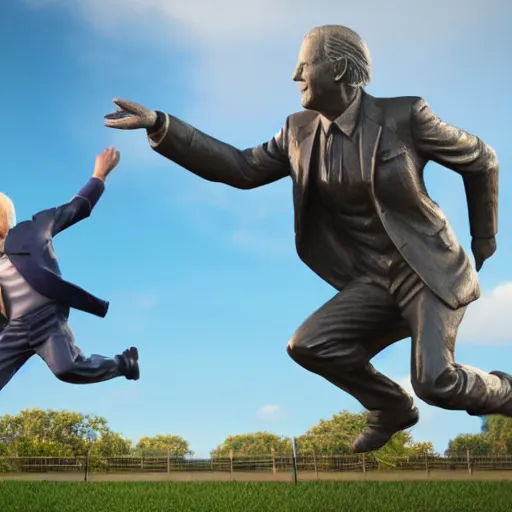 Image similar to a statue of joe biden chasing a child, octane render, 3 d render, 4 k, hyper realistic, super detailed.