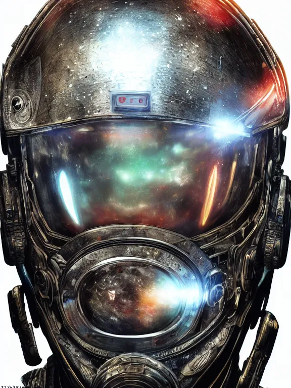 Image similar to portrait art of 8k ultra realistic retro futuristic cosmonaut, galaxy reflected helmet , detailed intricate ornate armour,blade runner, cybernetic, full of colour, cinematic lighting, battered, trending on artstation, 4k, hyperrealistic, focused, extreme details,unreal engine 5, cinematic, masterpiece, art by ayami kojima, giger