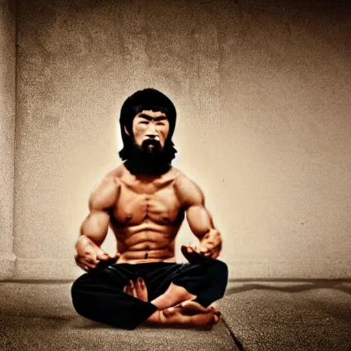 Prompt: old and happy bruce lee photo portrait with long white beard and taoist hair dress sitting in a small temple room sunny day cinematic