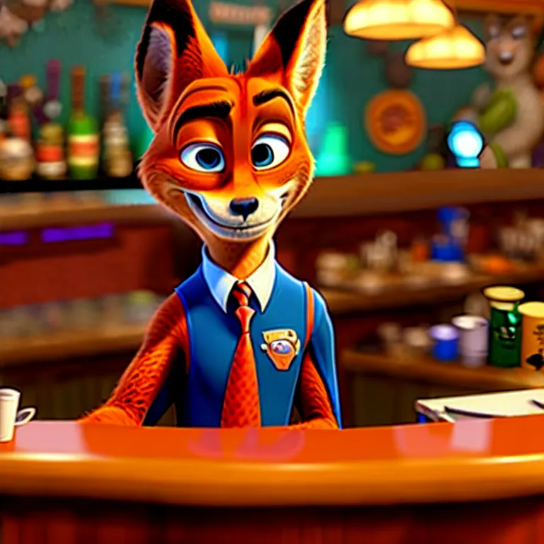 Image similar to Nick Wilde (from Zootopia) dressed in his usual outfit, sitting right across the bar from you.