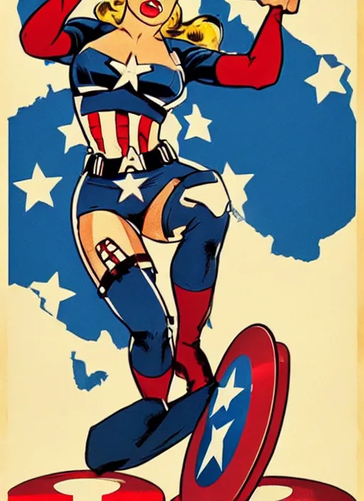Prompt: gorgeous female captain america standing on a pile of defeated, beaten and broken ss soldiers. feminist captain america wins ww 2. american ww 2 propaganda poster by rob liefeld and pixar. gorgeous face. pin up. overwatch.