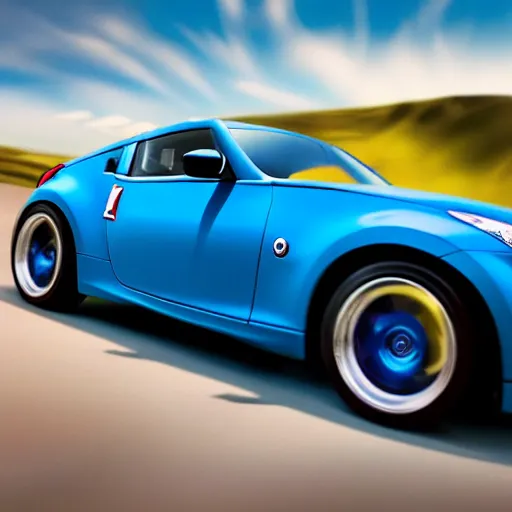 Prompt: a nissan 3 6 0 z in acceleracers hotwheels, glowing blue wheels, professional photography, wide - angle