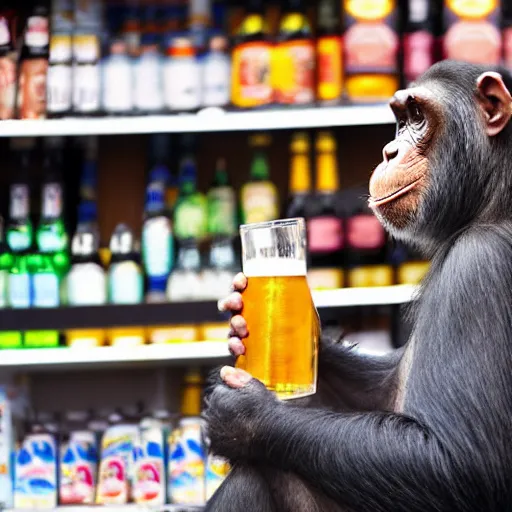 Prompt: a chimpanzee drinking beer in a corner shop