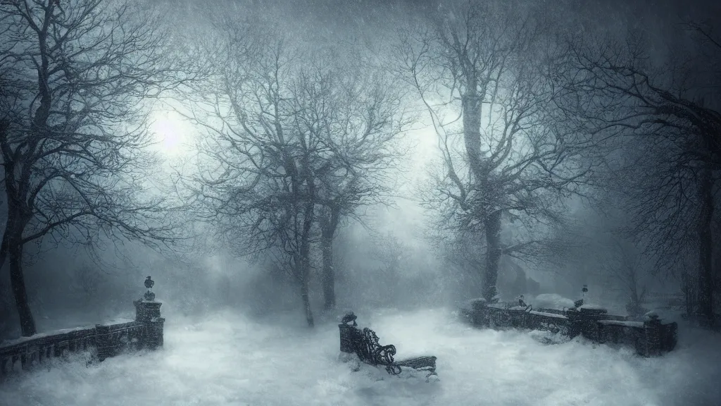 Image similar to the secret garden under heavy snow. andreas achenbach, artgerm, mikko lagerstedt, zack snyder, tokujin yoshioka