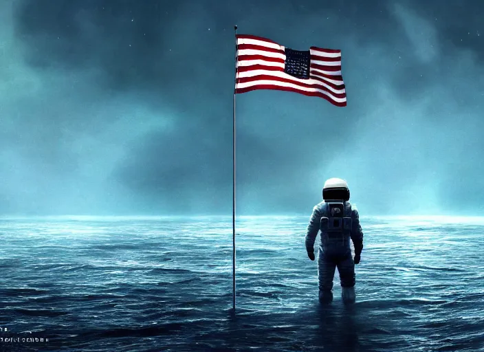 Image similar to astronaut holding a flag in an underwater desert. a submarine is visible in the distance. dark, concept art, cinematic, dramatic, atmospheric, 8 k, trending on artstation, blue, fish, low visibility, fog, ocean floor, christopher nolan, interstellar