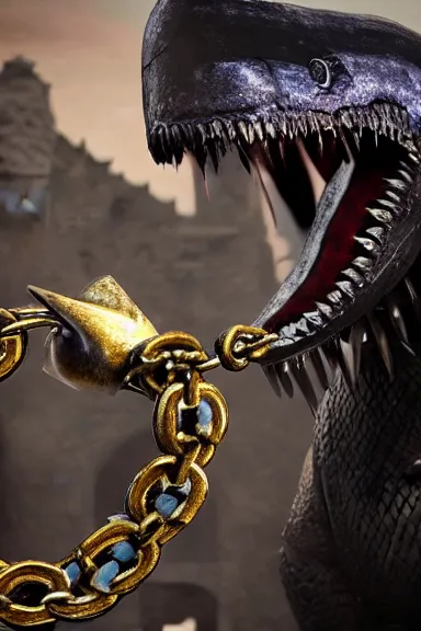 Image similar to very very intricate photorealistic photo of a chain chomp in an episode of game of thrones, photo is in focus with detailed atmospheric lighting, award - winning details