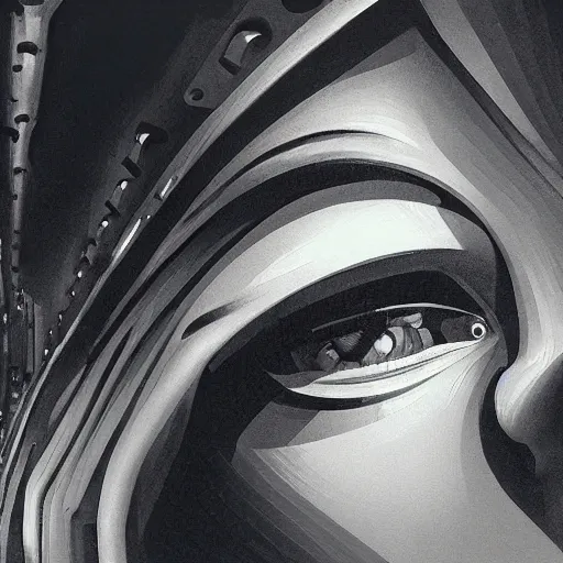 Image similar to detailed face of a woman, clockwork, moment, tectonic sky, skydome, bullet train, turbines, utopian, tech noir, wet reflections, prism, atmospheric, ambient, pj crook, syd mead, livia prima, edward hopper