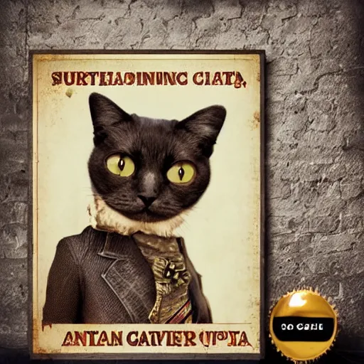 Prompt: steampunk cat, retro, movie poster