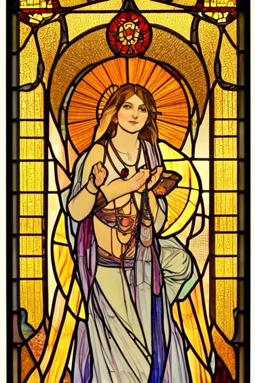 Prompt: stained glass, anjali mudra, alphonse mucha, vivid, holy, smooth, golden light