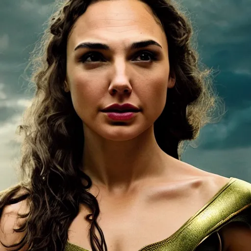 Image similar to Full body photo of the beautiful woman Gal Gadot as Medusa the greek goddess, she is looking straight to the camera, she has a glow coming from her, she is getting illuminated for rays of light, behind her is a scary atmosphere, the photo was taking by Annie Leibovitz, matte painting, oil painting, naturalism, 4k, 8k