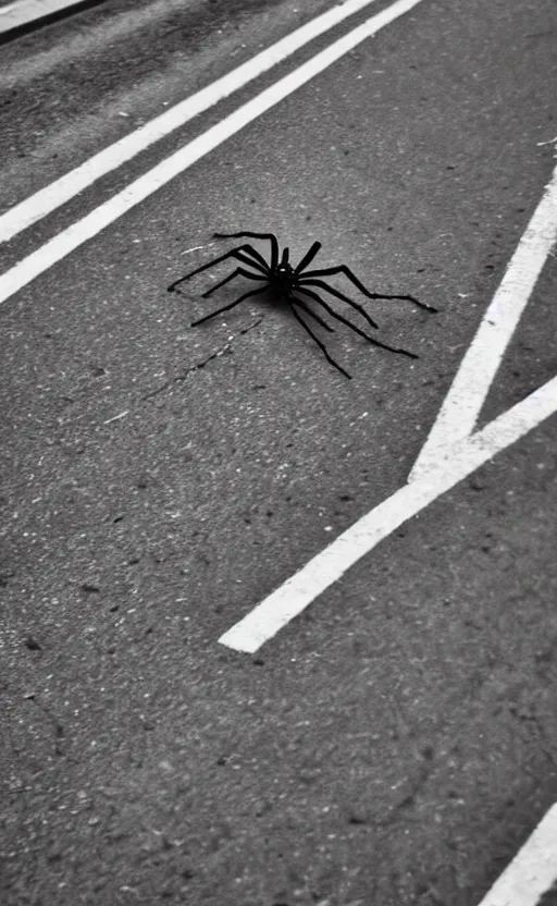 Image similar to a huge spider running cross the road, realistic, 3 5 mm, 4 k