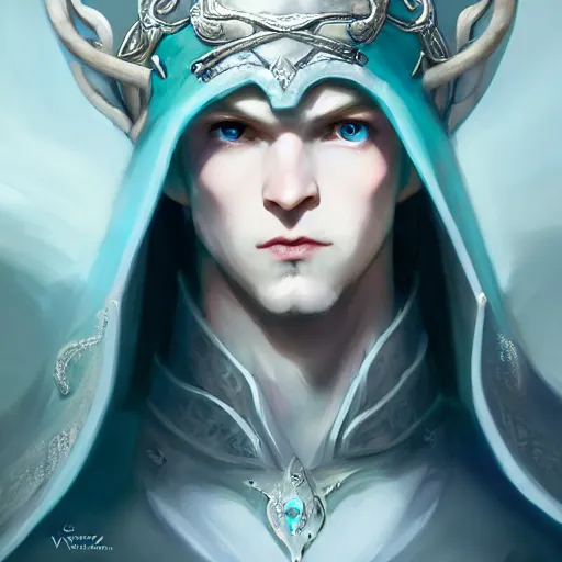 Image similar to half length portrait of a handsome male snow elf in a turquoise cape and silver ornate armour as an archer, albino skin, pale pointed ears, ethereal opalescent mist, moonlight snow, perfect face, elegant, very coherent symmetrical artwork, atmospheric lighting, rule of thirds, by wenjun lin, krenz cushart, charlie bowater, trending on artstation