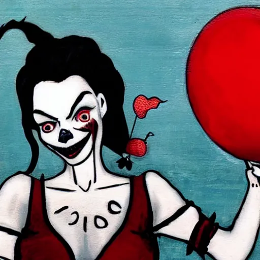 Image similar to grunge cartoon painting of margot robbie with a wide smile and a red balloon by chris leib, loony toons style, pennywise style, corpse bride style, horror theme, detailed, elegant, intricate