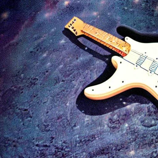 Prompt: photo of a stratocaster electric guitar sitting idle during the moon landing. detailed