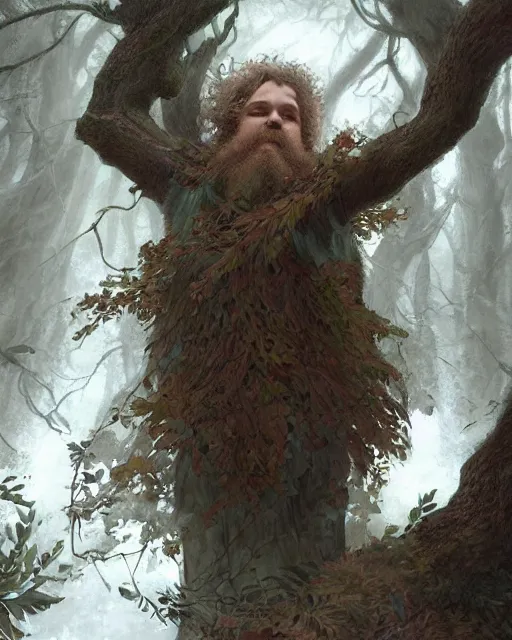 Image similar to patrick rothfuss as a forest druid with leaves in his beard, dreamy and ethereal, fantasy, intricate, elegant, highly detailed, digital painting, artstation, concept art, smooth, sharp focus, illustration, art by artgerm and greg rutkowski and donato giancola