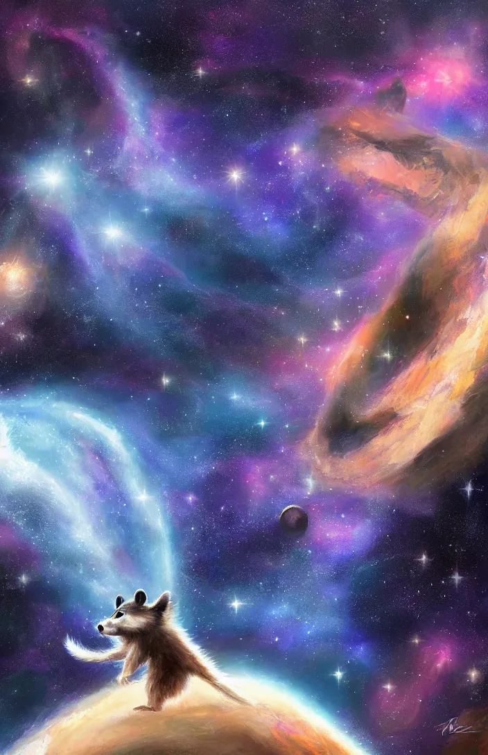 Image similar to A digital concept art painting a space cosmic racoon in the stars, space art concept