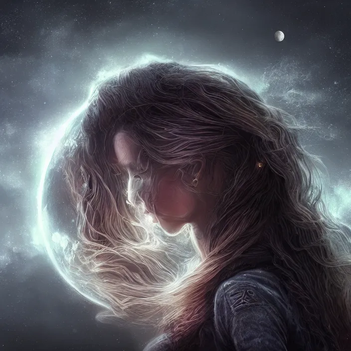 Prompt: gorgeous celestial woman with long hair wrapping downward around planet seen for space, hyper-detailed, smooth, sharp focus, depth map, digital painting, apocalyptic art, fantasy dark art, 4k ultra hd, cinematic