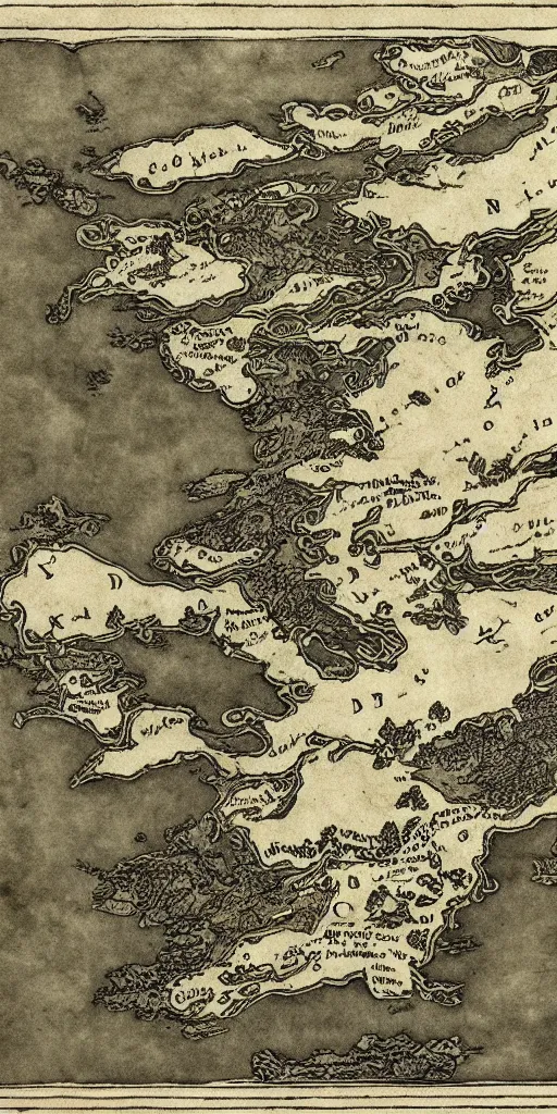 Prompt: old world fantasy style map of an island that looks like ireland, by arthur rackham and edmund dulac, HD, 4k, 8k, high detail!!, intricate, masterpiece, trending on artstation