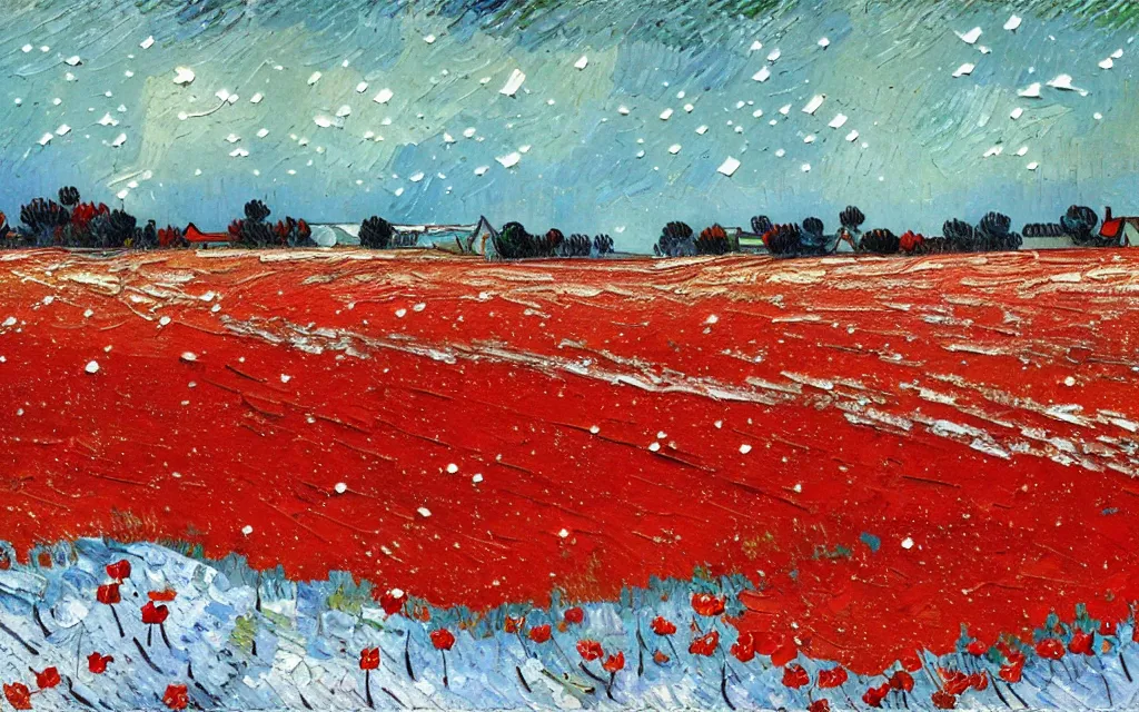 Image similar to detailed expressionist oil painting by van gogh of a snowy field in winter, falling snow on a field with scattered red poppies, winter landscape painting, silent snowfall, expressionism, 8 k resolution, smooth, sharp focus, matte painting