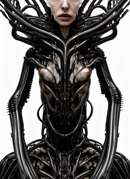 Image similar to forest, iris van herpen gothic inflateble dark dress, perfect symmetrical body, helmet on face, full body shot, alien, plant predator, guyver, giger, wires, tubes, veins, jellyfish, white biomechanical details, wearing epic bionic cyborg implants, masterpiece, intricate, biopunk, vogue, highly detailed, artstation, concept art