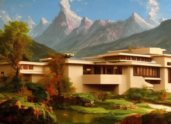 Prompt: painting of a frank lloyd wright house in front of beautiful mountains by thomas cole