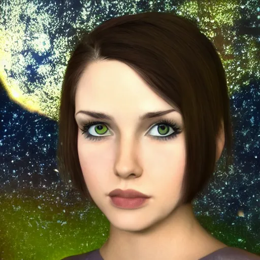 Image similar to an hd photo of a young woman with short brown hair and green eyes, beautiful trees in the background, night sky with stars and galaxies, trending on artstation