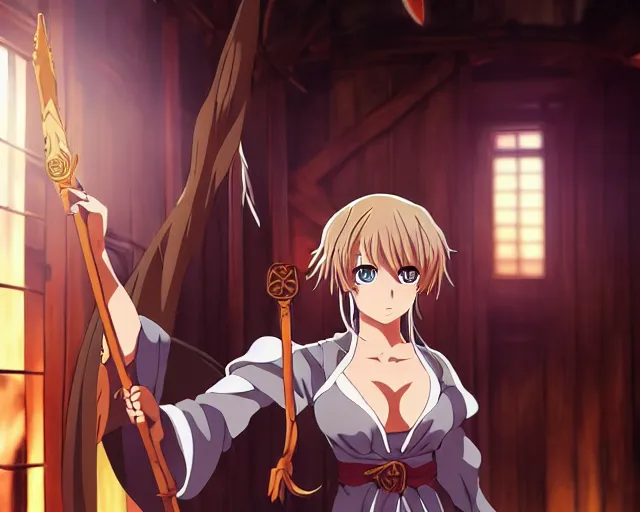 Prompt: key anime visual portrait of a young robed female witch holding a staff in a tavern interior, dynamic pose, dynamic perspective, cinematic, dramatic lighting, muted colors, fine detail, textured