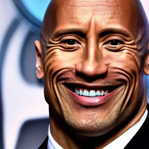 Image similar to extremely zoomed-in photo of Dwayne Johnson smiling into the camera