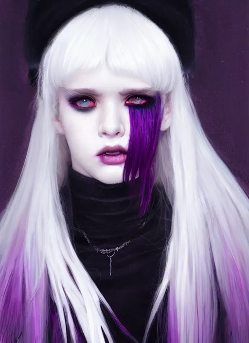 Image similar to portrait of white teenage girl, normal face, white bangs, mall goth, cyberlox, black and white hair, bangs, fluffy bangs, red contact lenses, purple lipstick, intricate, elegant, highly detailed, digital painting, artstation, concept art, sharp focus, smooth, illustration, art by wlop, mars ravelo and greg rutkowski