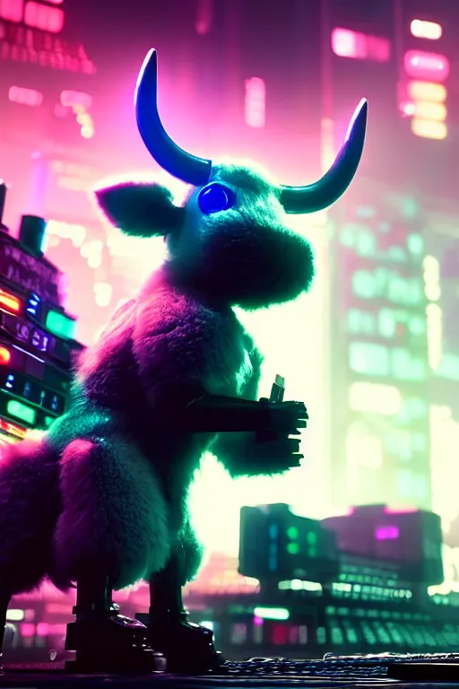 Image similar to high quality 3 d render very cute neuromancer fluffy! cyborg cow playing! keyboard!!, highly detailed, unreal engine cinematic smooth, in the style of blade runner & detective pikachu, hannah yata charlie immer, moody light, low angle, uhd 8 k, sharp focus
