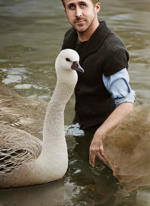 Image similar to ryan gosling fused with a goose, natural light, bloom, detailed face, magazine, press, photo, steve mccurry, david lazar, canon, nikon, focus