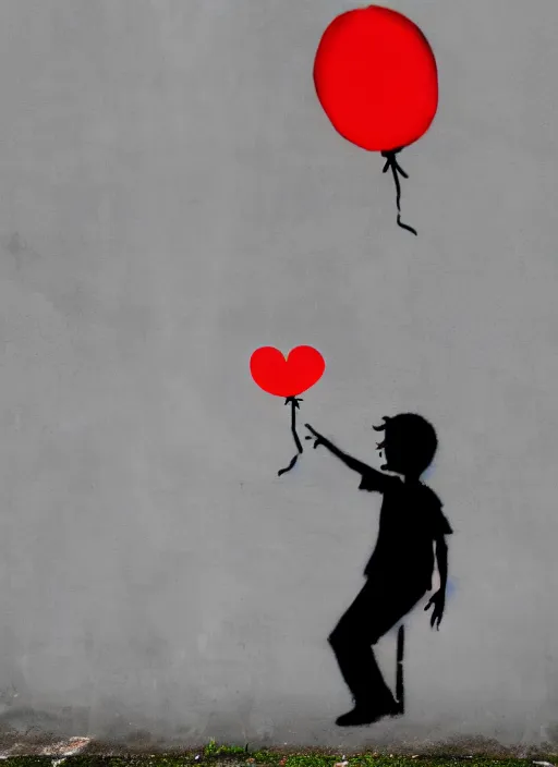 Image similar to a side profile of a boy letting go of a single red balloon on a concrete background in the style of Banksy, graffiti, digital art