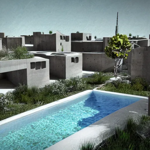 Image similar to architectural rendering of brutalism habitat 6 7 in the desert, biophilia mood, pool, garden