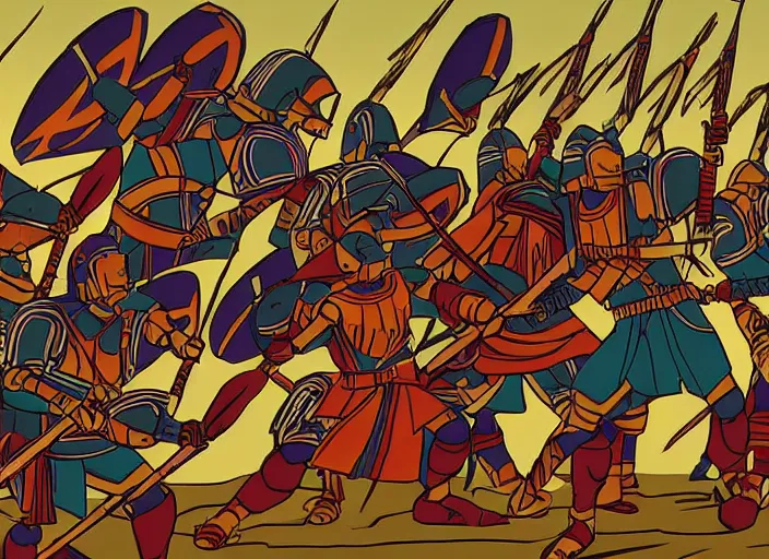 Image similar to trojan warriors in battle versus the us army in the style of artist eyvind earle