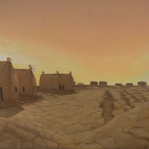 Image similar to a beautiful painting of a village in the desert, white houses, two suns