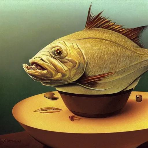 Image similar to a fish on the top of a pile of fish, inside a cooking pot, side view, by vladimir kush, dystopian aer, rococo