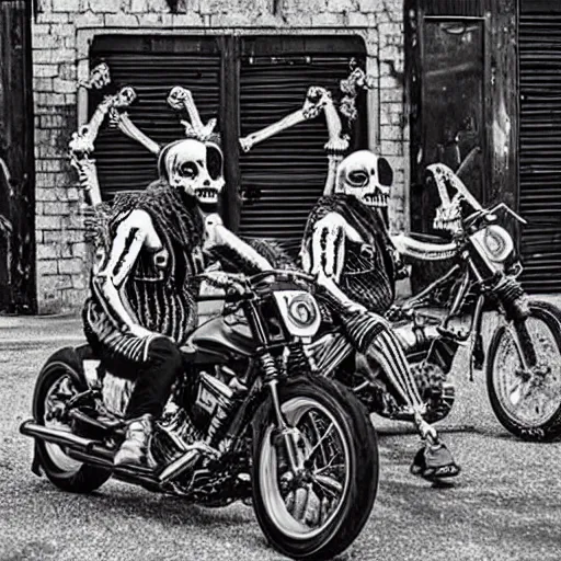 Image similar to outlaw bikers, as skeletons