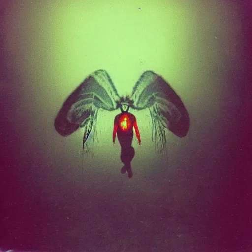 Prompt: mothman flying at the camera, polaroid, blurry, scary, found footage horror, terrifying