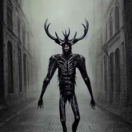 Image similar to ominous spooky wendigo walking through the center of old london city, oil painting, gloomy misty atmosphere, symmetrical, full body image, highly ornate intricate details, very sharp photo,