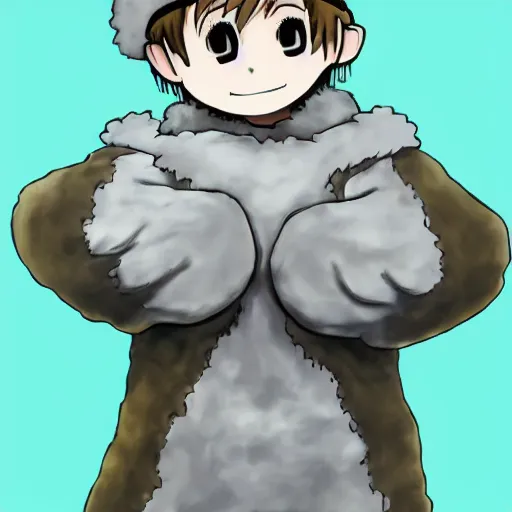 Image similar to boy wearing sheep suit. white, gray, blue, green and brown pallet color. made in abyss art style