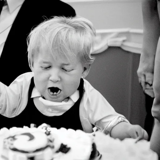 Prompt: Donald Trump as a toddler at a birthday party having a tantrum, 35mm film