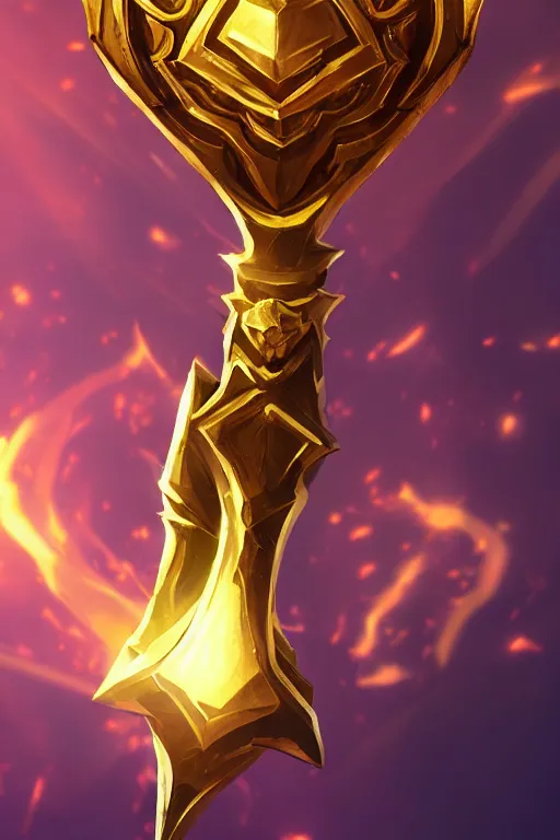 Image similar to a magical golden weapon, d & d, league of legends, concept art, blue background, dramatic lighting. realistic, epic legends, game icon, global illumination, ian pesty