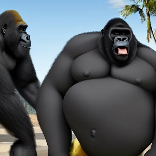 Image similar to big black man with gorilla body eating bananas in the hood, 8k resolution, full HD, cinematic lighting, award winning, anatomically correct