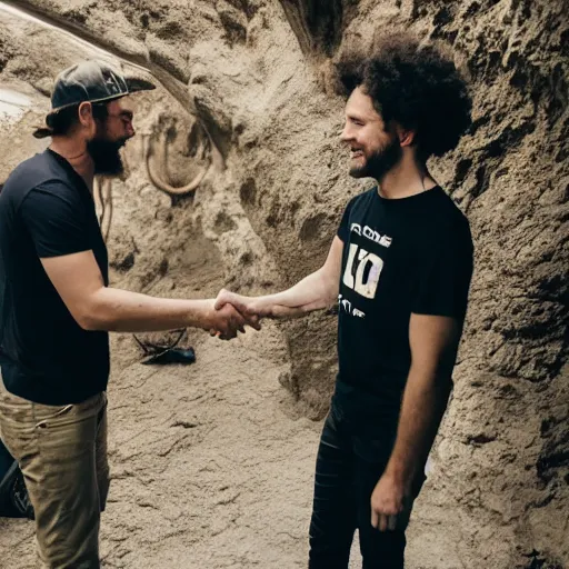 Prompt: jd beck shaking hands with a curly haired drummer in a cave