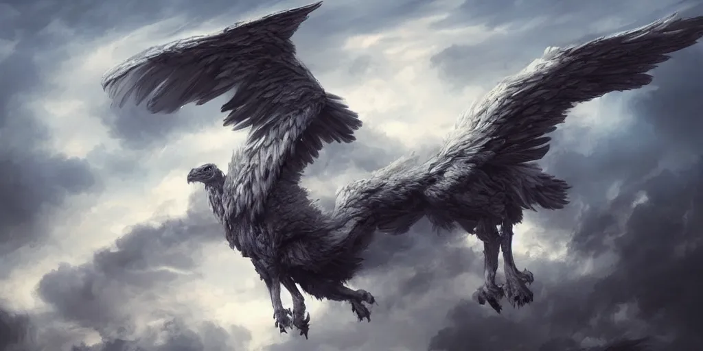 Prompt: a giant griffin ascending to the clouds, concept art, digital illustration, trending on artstation, deviantart, artgerm, epic composition, masterpiece, highly detailed, advanced technique, ambient lighting, wlop, ross draws