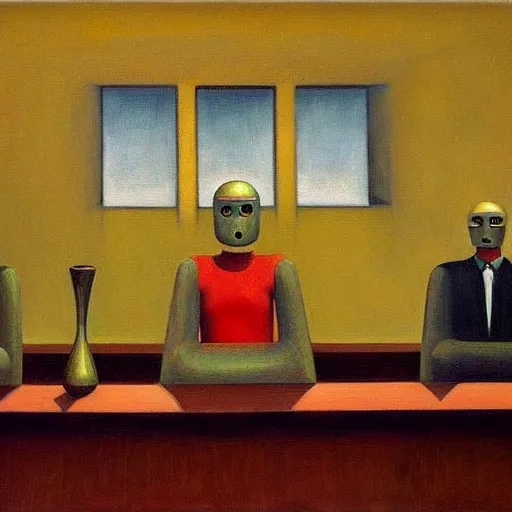 Prompt: three brutalist robot judges in a rotunda room, grant wood, pj crook, edward hopper, oil on canvas