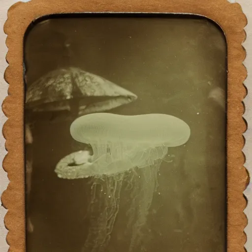 Image similar to tintype photo, lochness monster, underwater, jellyfish