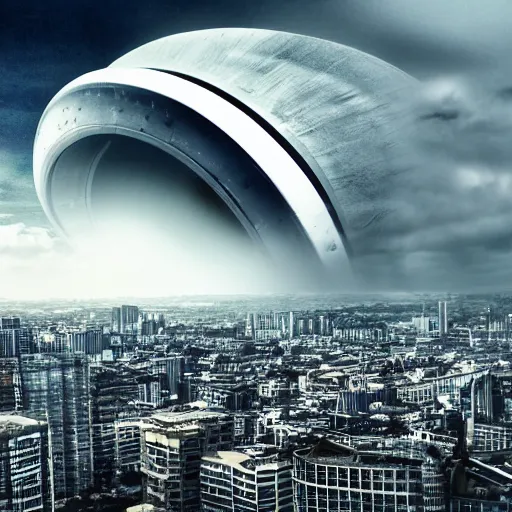 Prompt: wide shot of a near-future city with dark thick storm clouds in the sky. A giant ring-shaped spaceship is launching. The ring spaceship is encircling the city. HDR